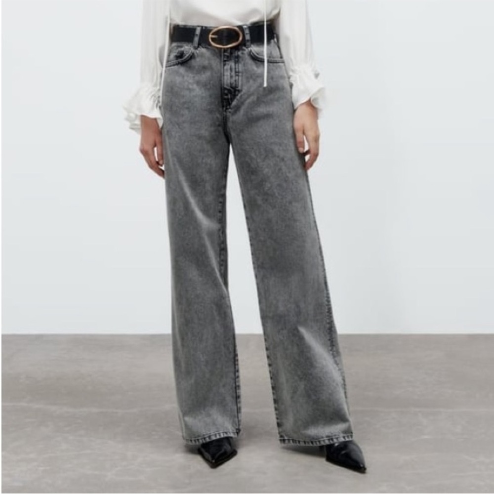 ZARA Acid Wash Charcoal Gray Wide Leg Retro Mom Jeans